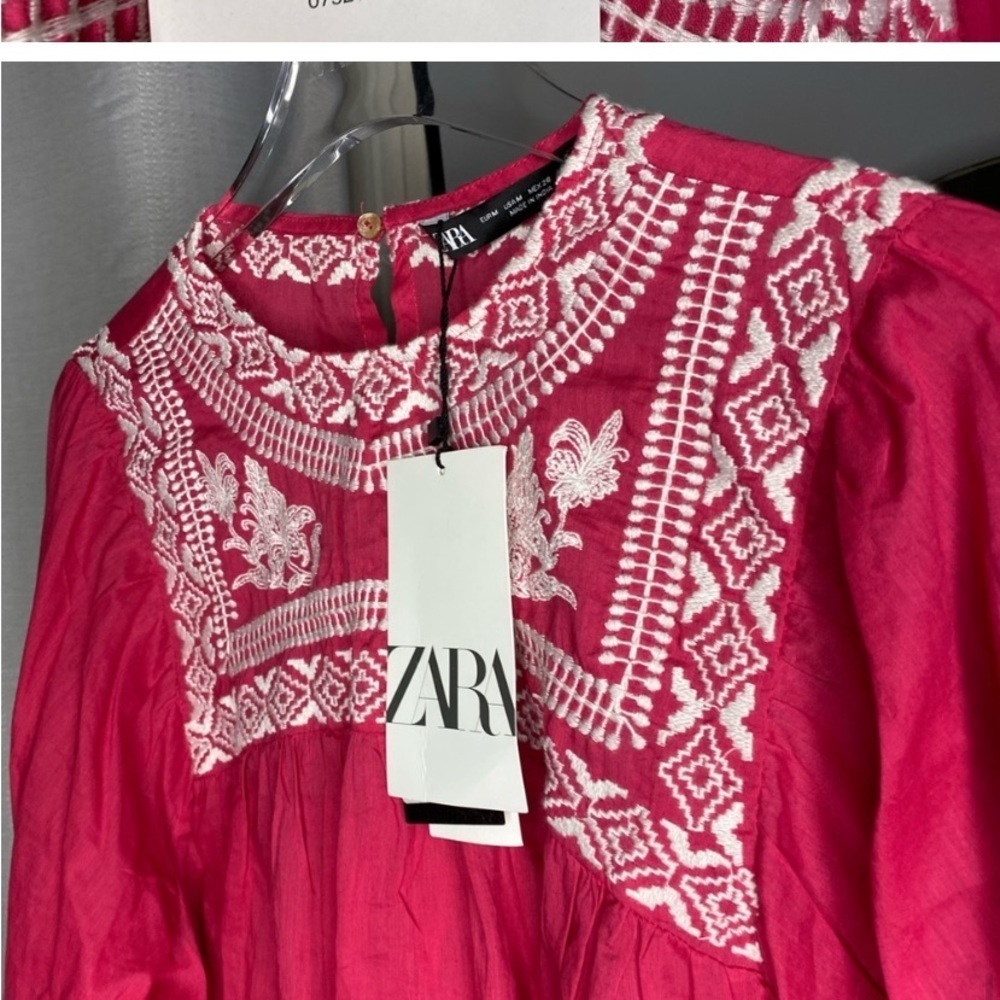 Zara Fuchsia Pink Blouse Top With White Embroidery Pink Size XS NEW - Picture 6 of 7